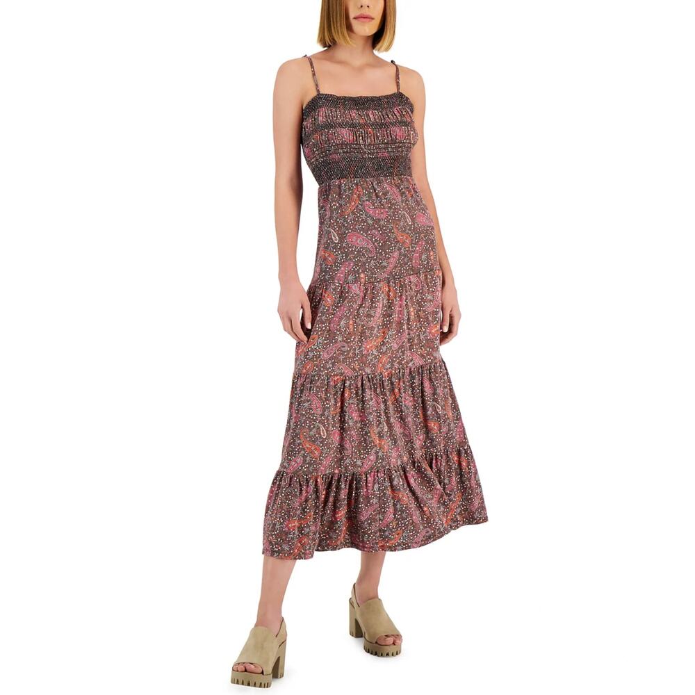 NWT Lucky Brand Paisley Embroidered Cotton Cut Out Tie Back Tired Maxi Dress